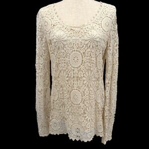 V Cristina Womens Top Beige L Crochet Peasant Cottagecore Boho Lace Texture Chic